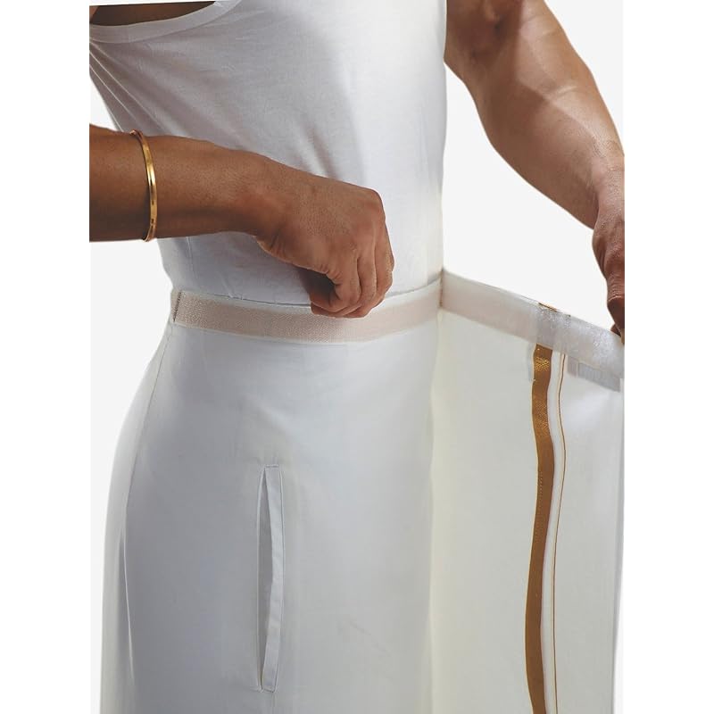 PRAKASAM COTTON Dhoti da Uomo Colore Bianco Bordo Jari Tasca con Velcro Cucito/Taglia Vita -34 pollici- Lunghezza- 42 pollici