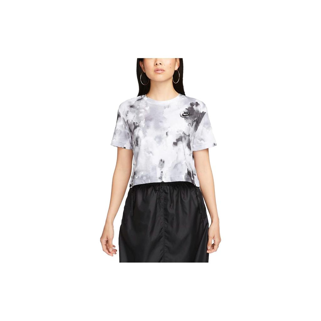 Nike Sportswear Essentials+ All Over Tie Dye Logo Crew Neck Short Sleeve T-Shirt Women T-Shirts Black FB8104-010