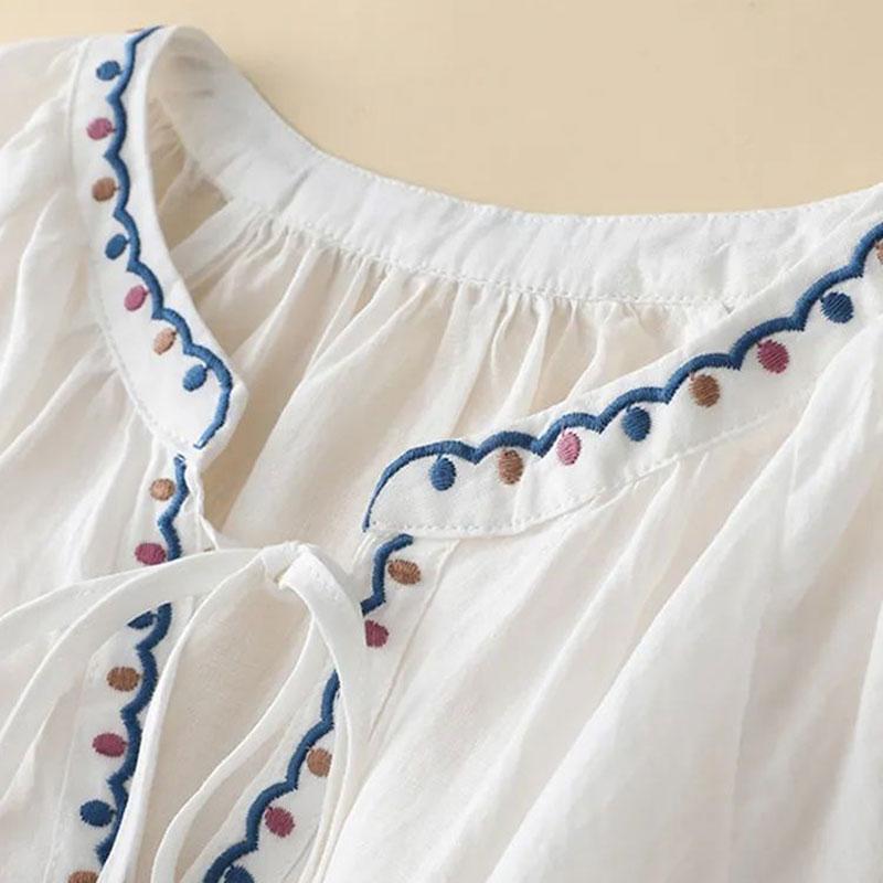 White Embroidery Three Quarter Sleeve V-Neck Pullover Loose Women's Blouse Shirt Casual Linen Female Clothing Tops Fashion