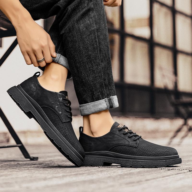 Summer New Leather Punching Breathable Casual Leather Shoes Daily Work Low-top Lace-up British Style Leather Shoes Men's Shoes
