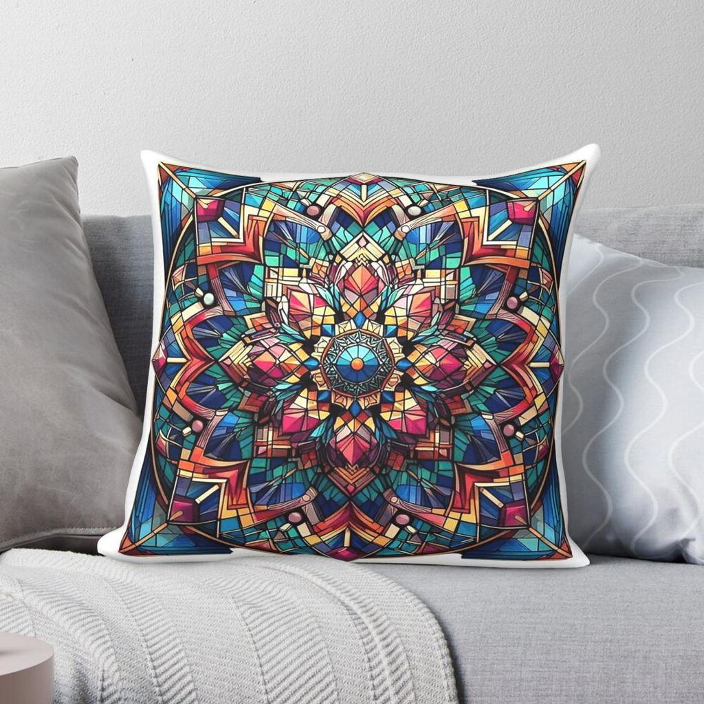Vibrant Stained Glass Geometric Square Pillowcase Polyester Linen Velvet Printed Zip Decorative Pillow Case Sofa Cushion Cover