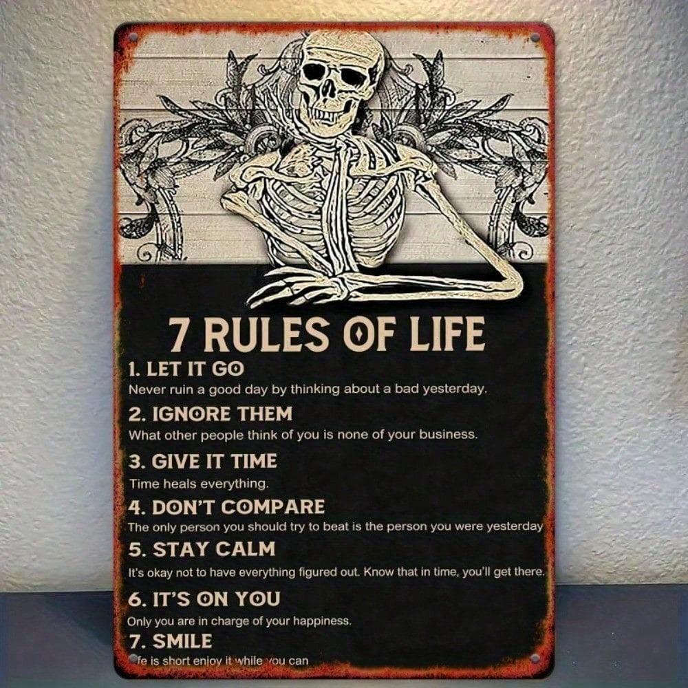 Vintage Metal Tin Sign 7 Rules of Life Skull Wall Art Decor Rustic Iron Plaque for Home Office Bar