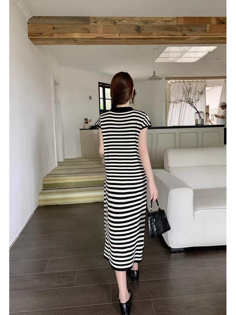 Summer Slimming Striped Knit Dress - Chinese National Style, Short Sleeve, Tummy Covering, H-Line Design, Mid-Length for Women