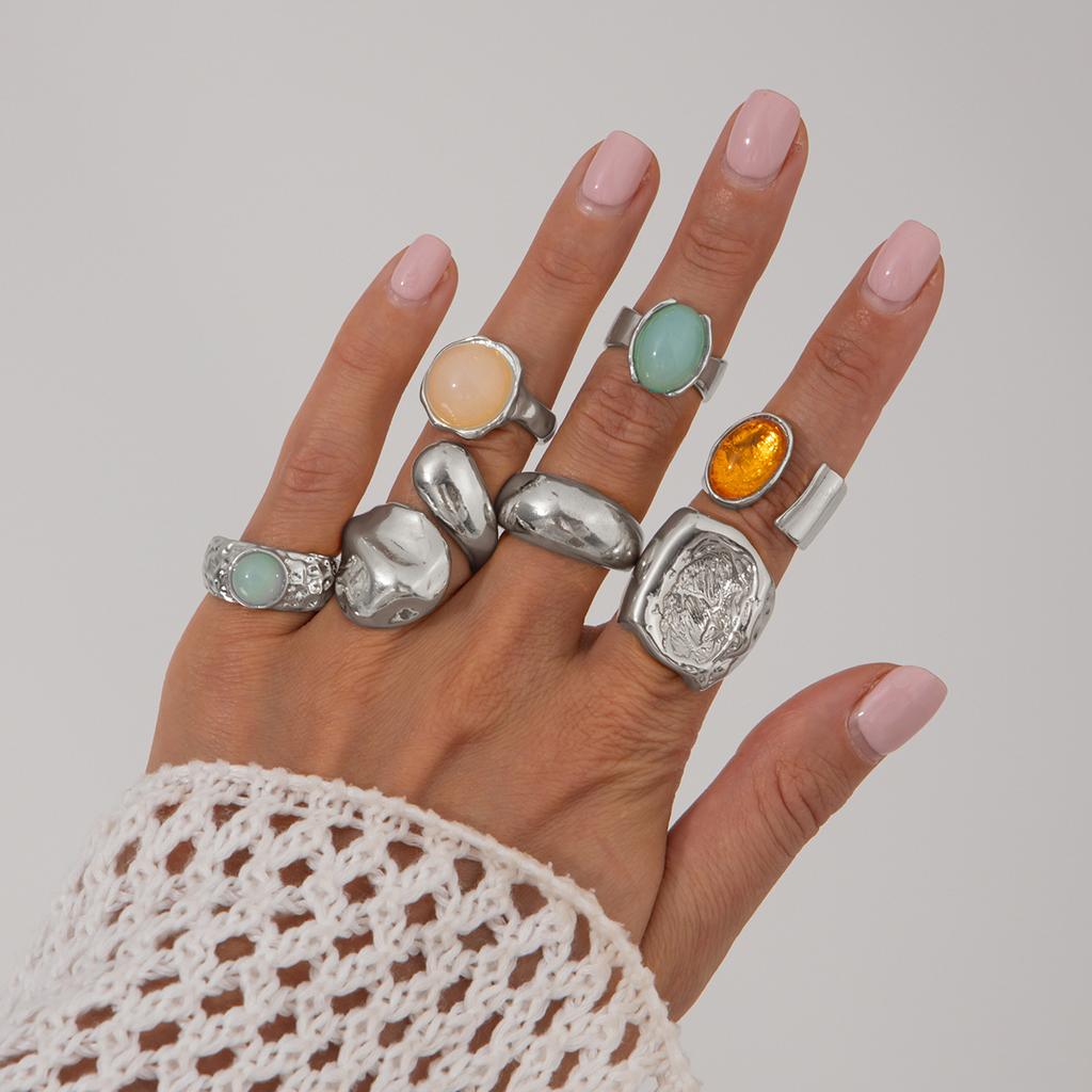 Mix and Match Stacked Gemstone Ring Set for Women, Retro Niche Percussion Open Ring Jewelry.