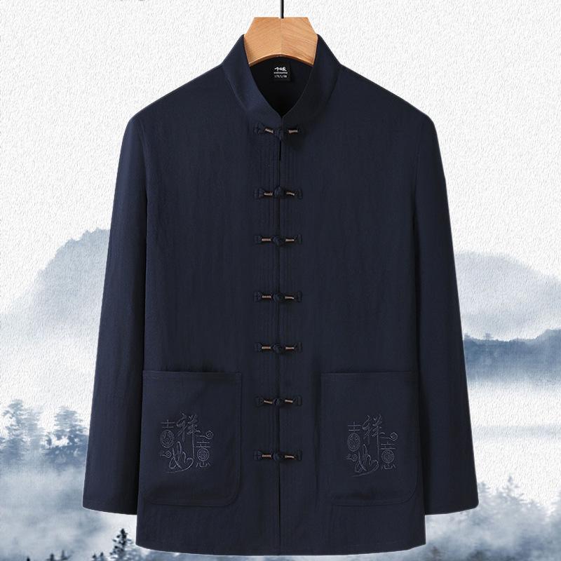 Pánský Tang oblek s dlouhým rukávem: Hanfu v čínském stylu pro jaro/léto - Ideální pro střední věk a seniory, tatínkovo a dědečkovo tričko na tai-či