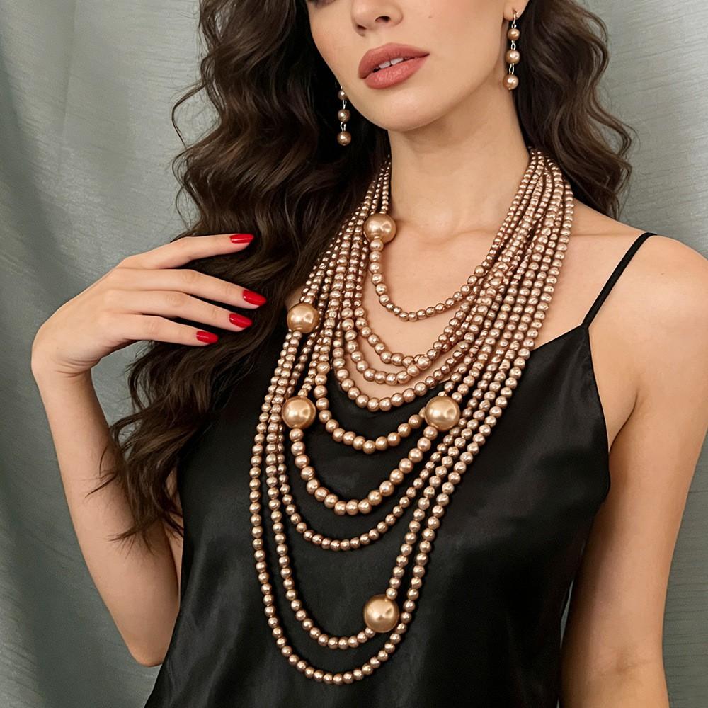 Kit Collana Lunga con Perle Eccessive Multi-Strato Orecchini Vintage da Donna Set di Gioielli con Filo Statement di Grandi Perle per Matrimonio Festa