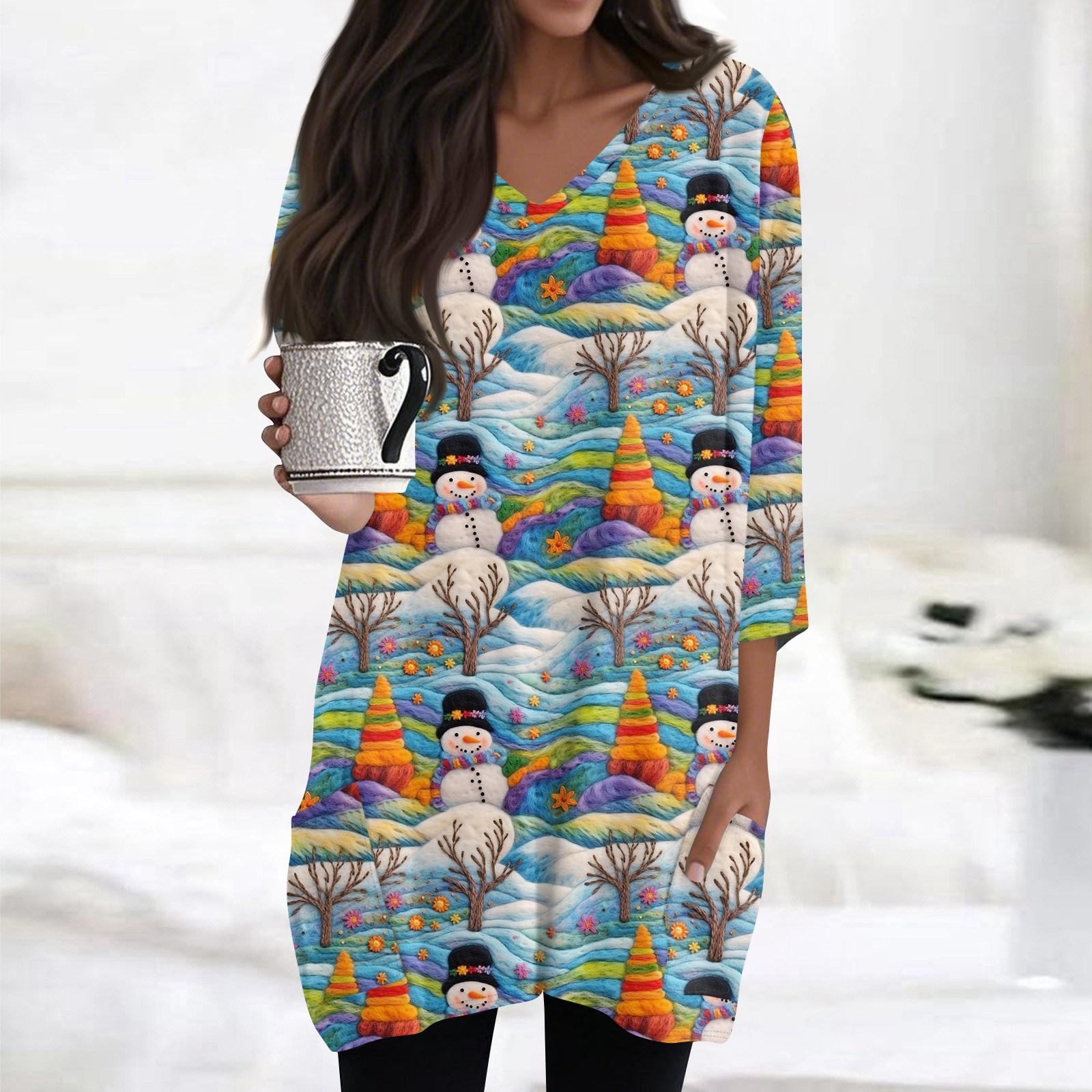 

Женские топы с V-образным вырезом и рукавом 3/4, повседневные блузки средней длины, модные туники с рождественским принтом и карманами XXXL