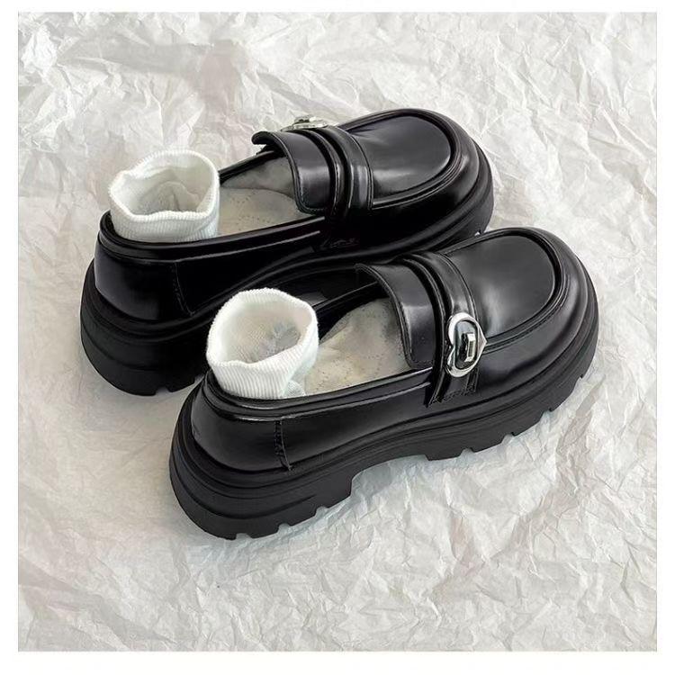 Mocasini retro negri cu o singură pedală, stil britanic de primăvară și toamnă 2024, cu platformă și toc gros, în stil francez, din piele, stil britanic