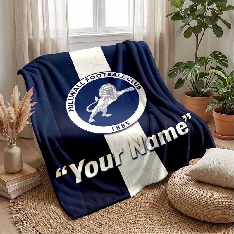 Millwall Custom Name Text Flannel Blanket Soccer Logo Personalized Fleece Throw Blanket Special Gift For Sofa Bedroom Home