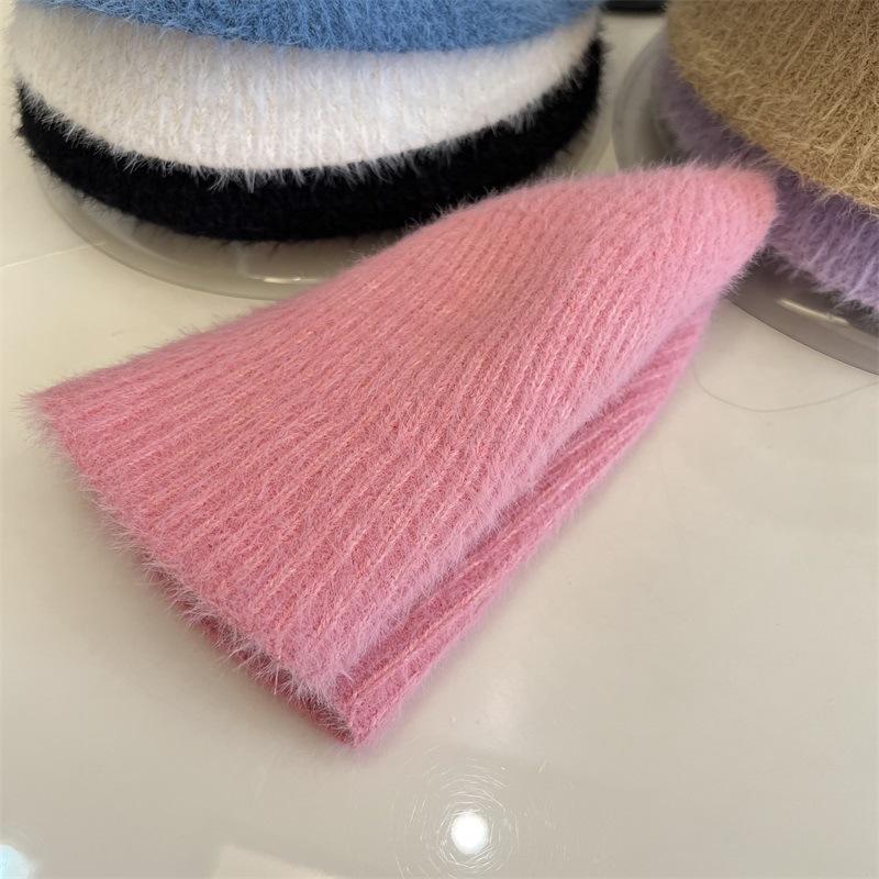 New Imitation Mink Knitted Vertical Striped Bucket Hat Women's Simple Solid Color Warm Fisherman Hat Trendy