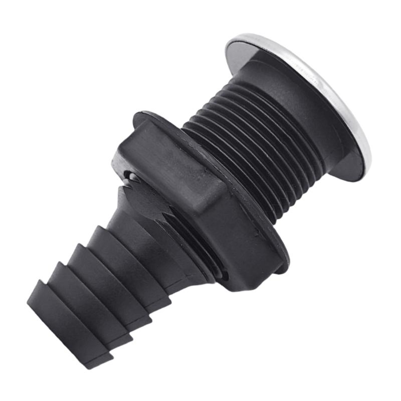 Marine Drain Fitting 1 Inch Boat Deck Drain Outlet with Straight Threaded Body, Nylon Construction and Stainless Steel Outer Trim for Hull Repair