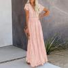 Summer New European American Style Women's Dress V-neck Short Sleeve Hollow Out Sexy Lace Trim Long Maxi Dress