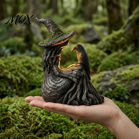 Dark Fairy Tale Resin Ornaments Luminous Witch & Raven Figurine with Mossy Tree Texture, Gothic Vintage Style Garden Statue LED Light for Halloween