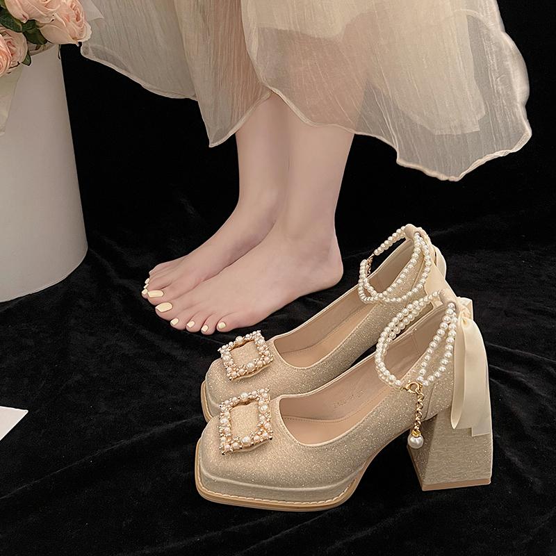 

Fashion Champagne Ladies Platform High Heels 2024 Summer New Luxurious Rhinestones Wedding Bridal Shoes Sweet Beaded Women s Pumps 42