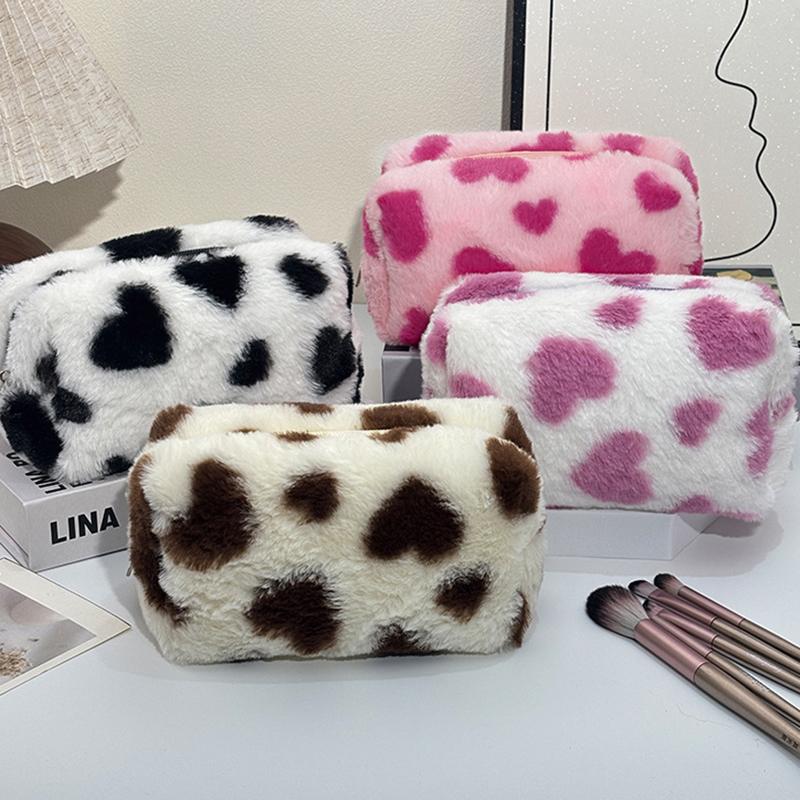 Cute Sweet Heart Pattern Plush Pencil Case Girly Women Large Capacity Cosmetic Bag Travel Portable Storage Bags Organizer Gifts