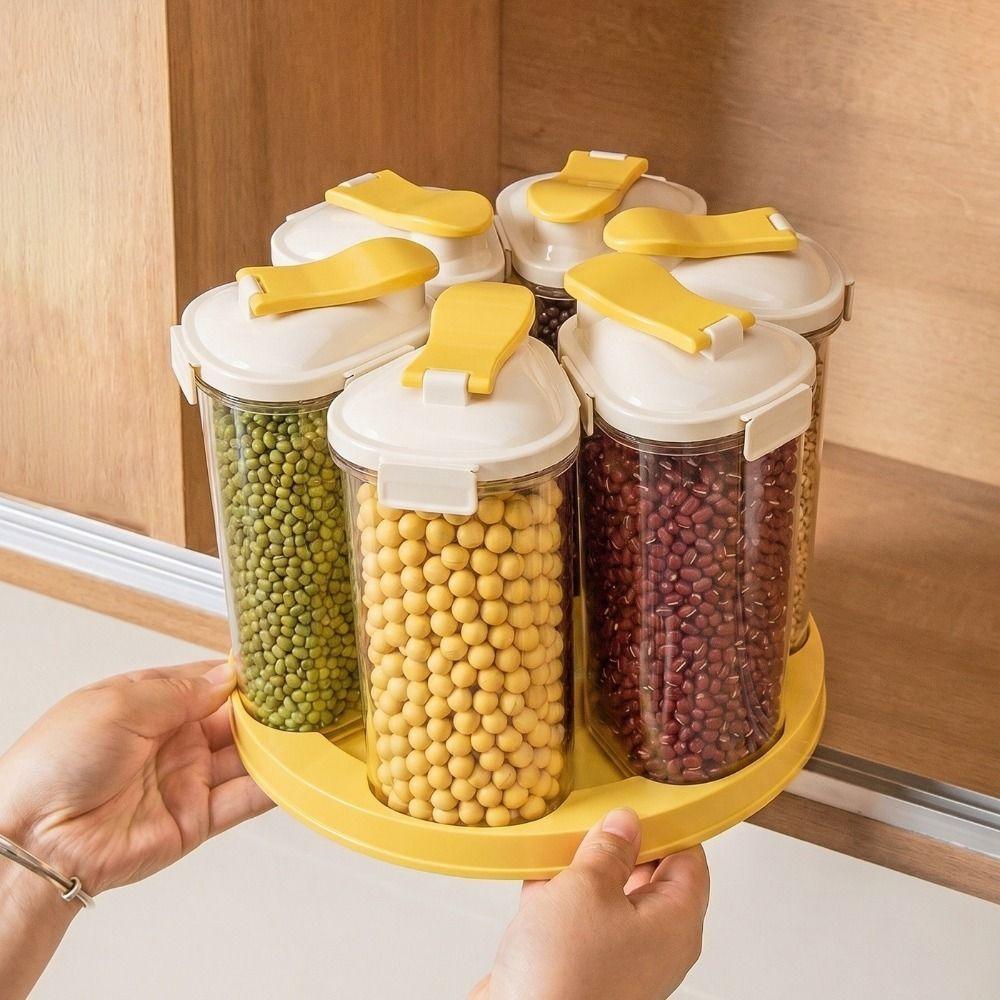 Sealed 6 Grids Grain Storage Box Food Grade Rotating Rice Container Grain Dispenser  Kitchen Use