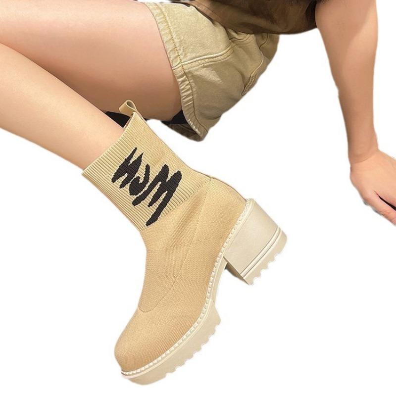 Large size thick-heeled socks shoes autumn new casual mid-top shoes thick-soled versatile short tube elastic thin boots