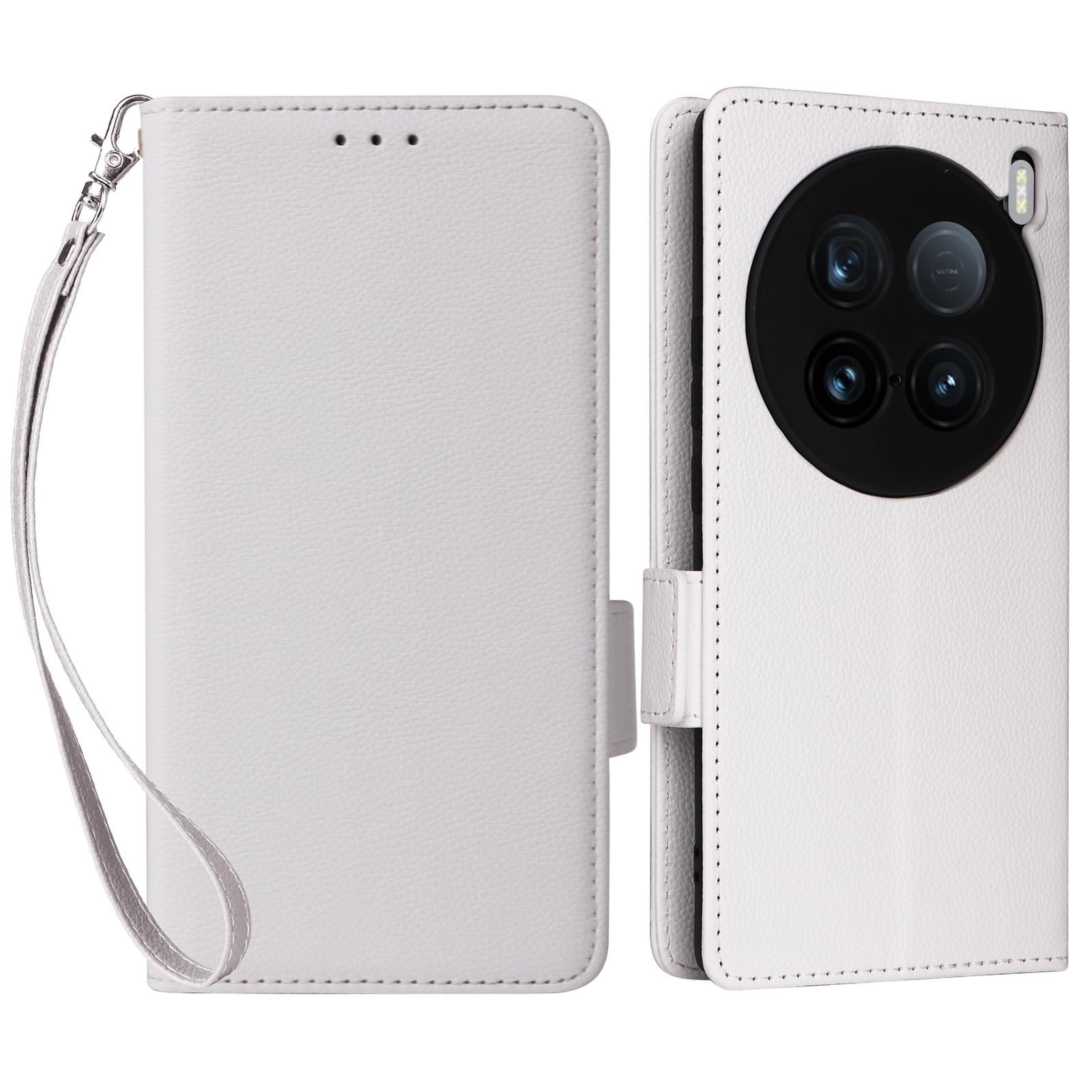 

For vivo X100 Ultra 5G Case with Wrist Strap Litchi Texture PU Leather Wallet Phone Cover White