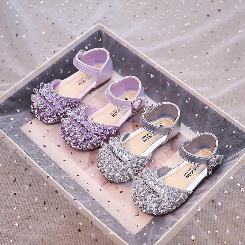 Girls Silver Single Shoes 2025 Spring and Autumn New Children's Rhinestone Korean Version Princess Shoes Little Girl Crystal Shoes Small Leather Shoes