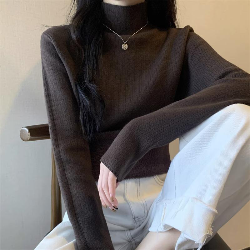 

Pullover autumn and winter sweater women s fleece thickened integrated fleece with semi-turtleneck pullover bottoming knitted sweater thermal top average size [recommended 80-60kg]