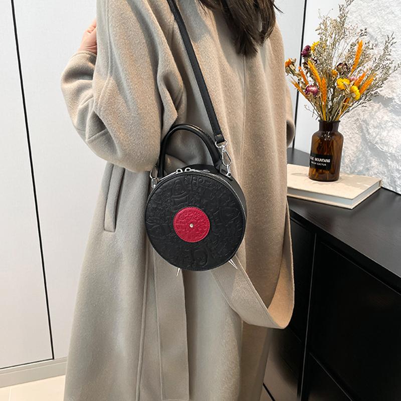 Personalized Creative Small Round Bag New Fashion Women's Niche Retro Record Shape Bag Ins Ladies PU Crossbody Bag KTB