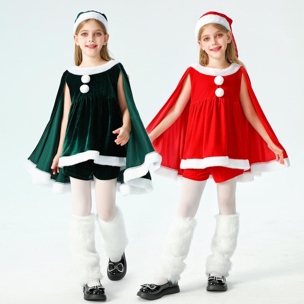 2026Christmas children's clothing, Santa Claus costume, children's wear, girls' shawl, cape, and dress