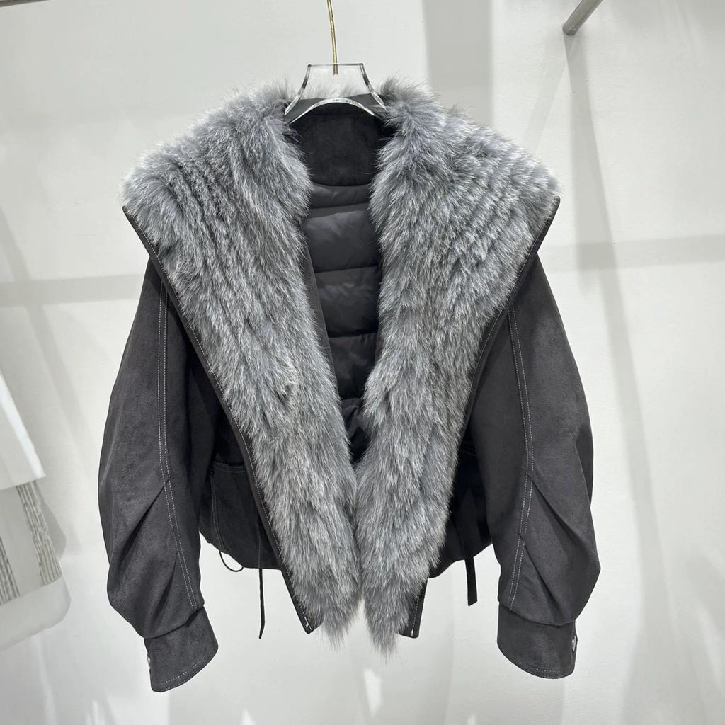 oversized natural real fox fur collar down jacket women's retro temperament personalized warm jacket short top winter