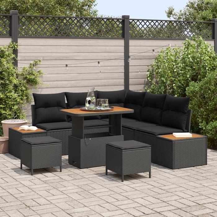 Ensemble de Canapés de Jardin 8 pièces avec Coussins Noir Poly Rotin Acacia, Ensemble de Salle à Manger de Jardin 3 pièces 3362914
