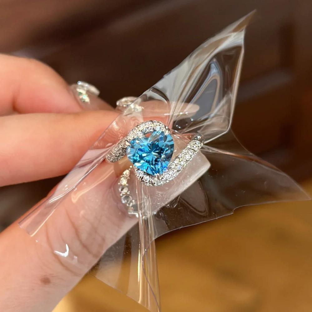 Elegant Santa Maria Aquamarine Heart Ring High Carbon Diamond Open Ring for Women Stylish Venetian Coast Jewelry