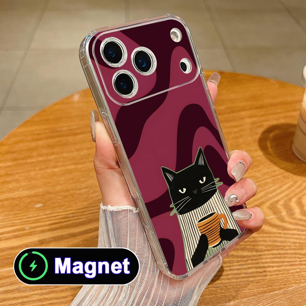 Cute Coffee Cat Clear TPU Magsafe Mobile Phone Case for iPhone 17 16 15 14 13 12 11 Air Pro Max Plus Mini Colorful Cover