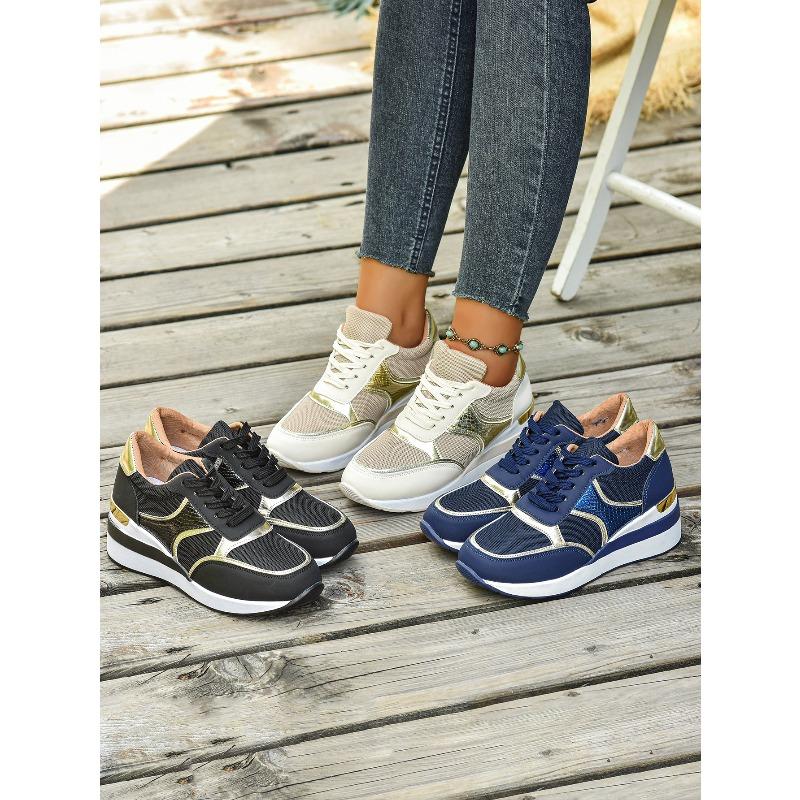 Dames Herfst Dikke Zool Sleehak Vetersluiting Casual Sportschoenen, Trendy Schoenen, Verkrijgbaar In Grote Maten.