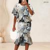 Women Plus Size Printed Two Piece Skirt Set Round Neck Batwing Sleeve Ruffle Hem Top Fishtail Skirt Black Grey Gold
