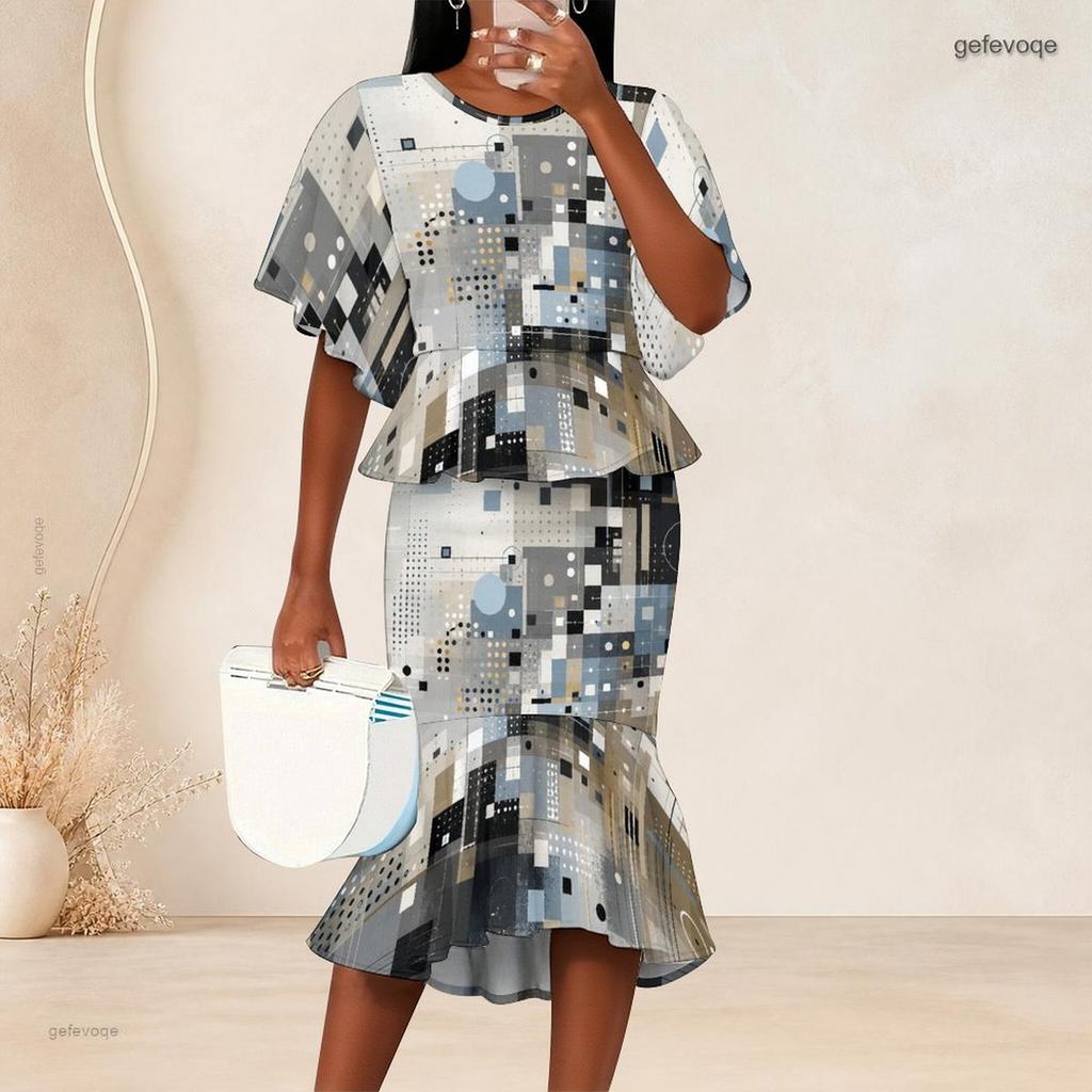 Women Plus Size Printed Two Piece Skirt Set Round Neck Batwing Sleeve Ruffle Hem Top Fishtail Skirt Black Grey Gold