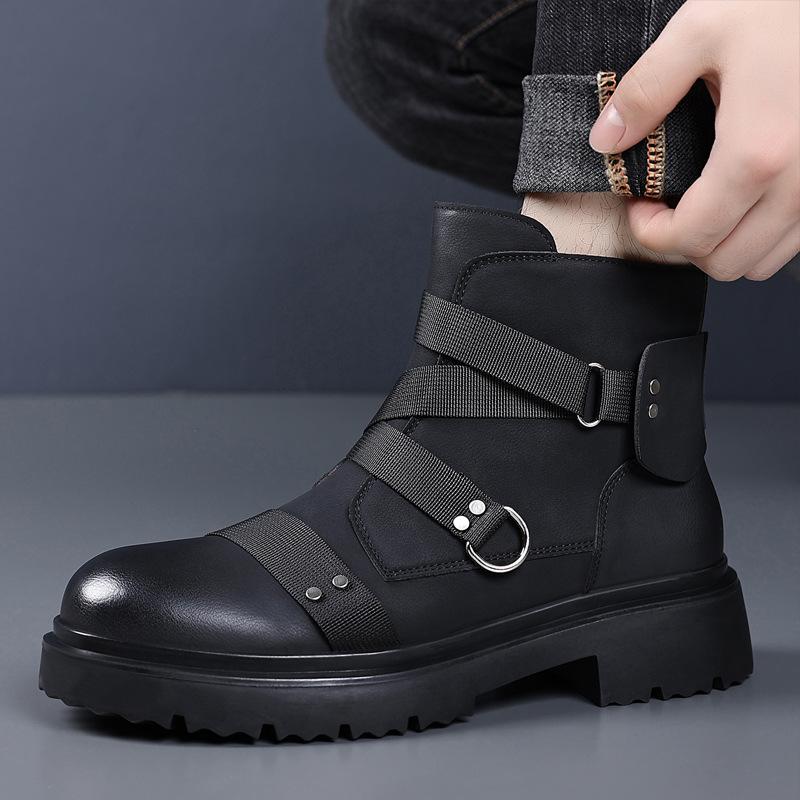 Men's Leather Boots Large Size Short Boots Men's Locomotive Boots Flow Thick-soled Heightening Men's Shoes Fashion Knight Boots