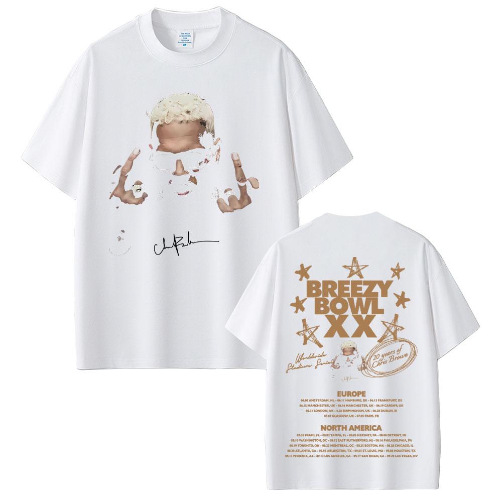 Rapper Chris Brown Face Graphic T-shirts Breezy Bowl XX Tour 2025 T-shirt Summer Unisex Women Hip Hop Fashion Pop Music T Shirts