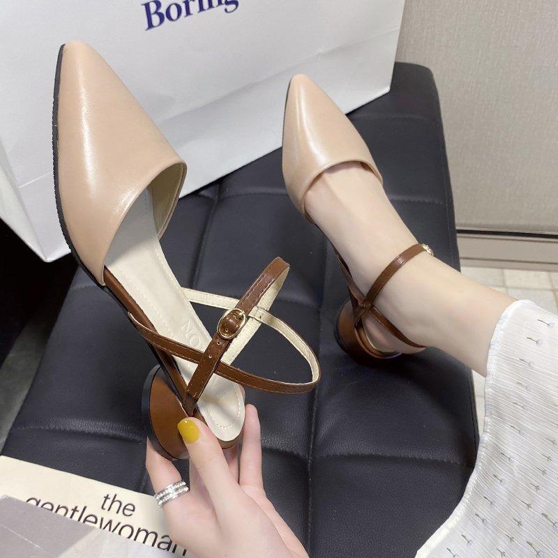 Sandals Women's 20 New Spring and Summer New Pointed Head Bag Head with Medium Heel Thick Heel Shoes