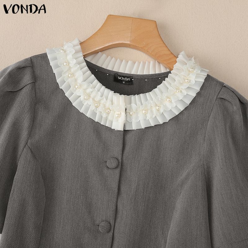 VONDA Women Casual Ruffled Hem Beading Round Neck Short Sleeve Cropped Blouse