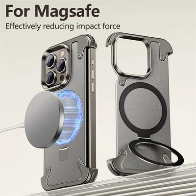Luxury Metal Corner Pad Frameless Phone Case For iPhone 16 15 14 13 Pro Max PC Backboard Magsafe Magnetic Ring Holder Leather Cover