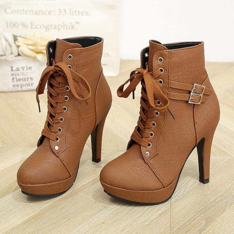 

Autumn and winter new European and American lace-up short boots round head belt buckle women s boots thick heel Martin boots 43 коричневий