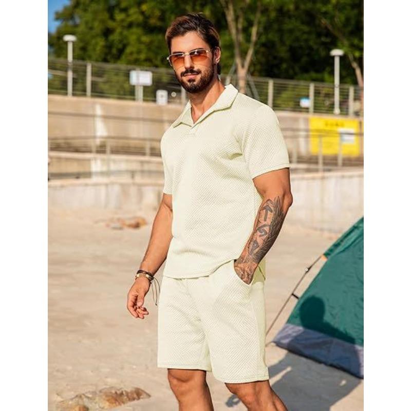 Men's Knitted Sweater Summer Casual Textured Beach Short Sleeve and Shorts Set