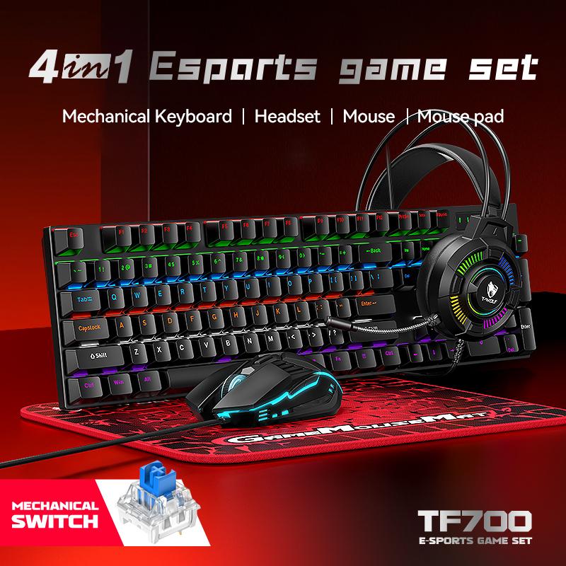 T-WOLF TF700 4-in-1 Gaming Set:Wired Mechanical Keyboard RGB Gaming Mouse Illuminated Headset & Mousepad - PC Esports Keyboard