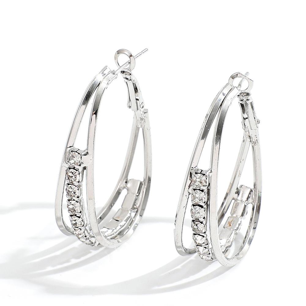 New trendy light luxury high-end metal ring earrings women's silver needle super flash crystal ear jewelry