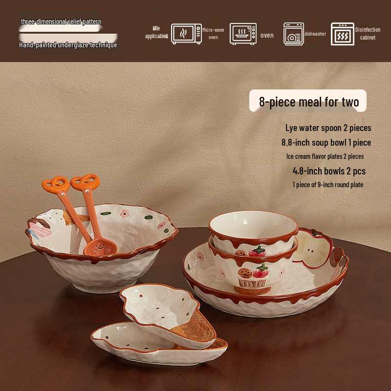 Süßes geprägtes Apfel Keramik Geschirr Set: Eisplatte, Reisschüssel, Nudelsuppenschüssel, Salat- und Pastateller
