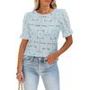 Women Tops Round Neck Puff Short Sleeve Hollow Lace Pullover Tops Solid Color Loose Fit Summer T-shirt