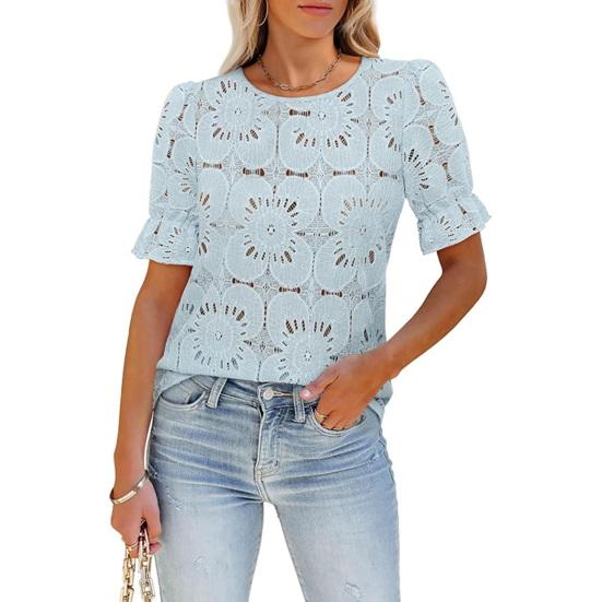 Yousheng Women Tops Round Neck Puff Short Sleeve Hollow Lace Pullover Tops Solid Color Loose Fit Summer T-shirt