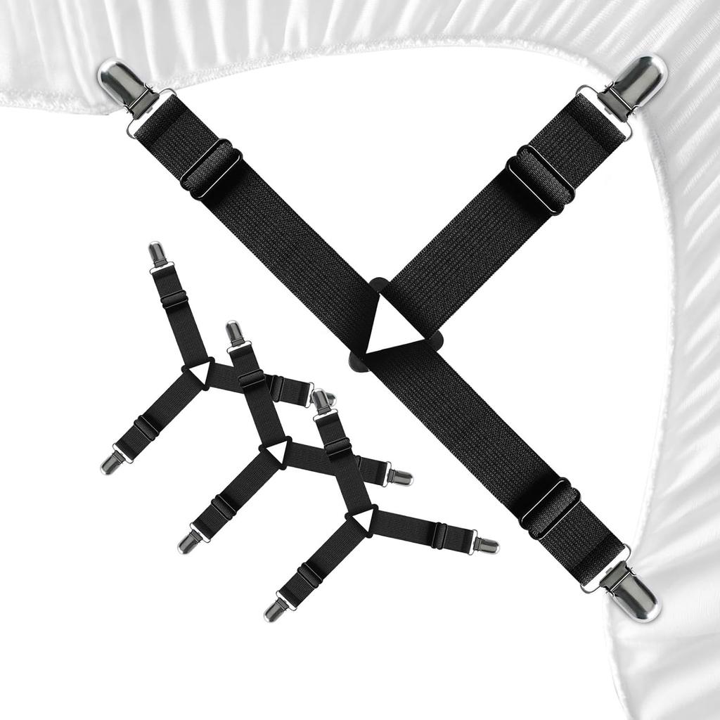 4 PCS Bed Sheet Straps – Adjustable Corner Clips to Keep Fitted Sheets in Place – Mattress Sheet Holders and Suspenders – Fits Twin, Queen, and