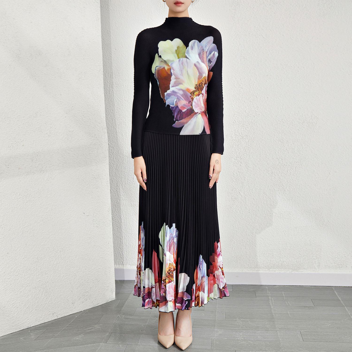 

Женский плиссированный цветочный комплект из двух частей: Футболка и юбка с длинным рукавом и воротником-стойкой One Size Top чёрный