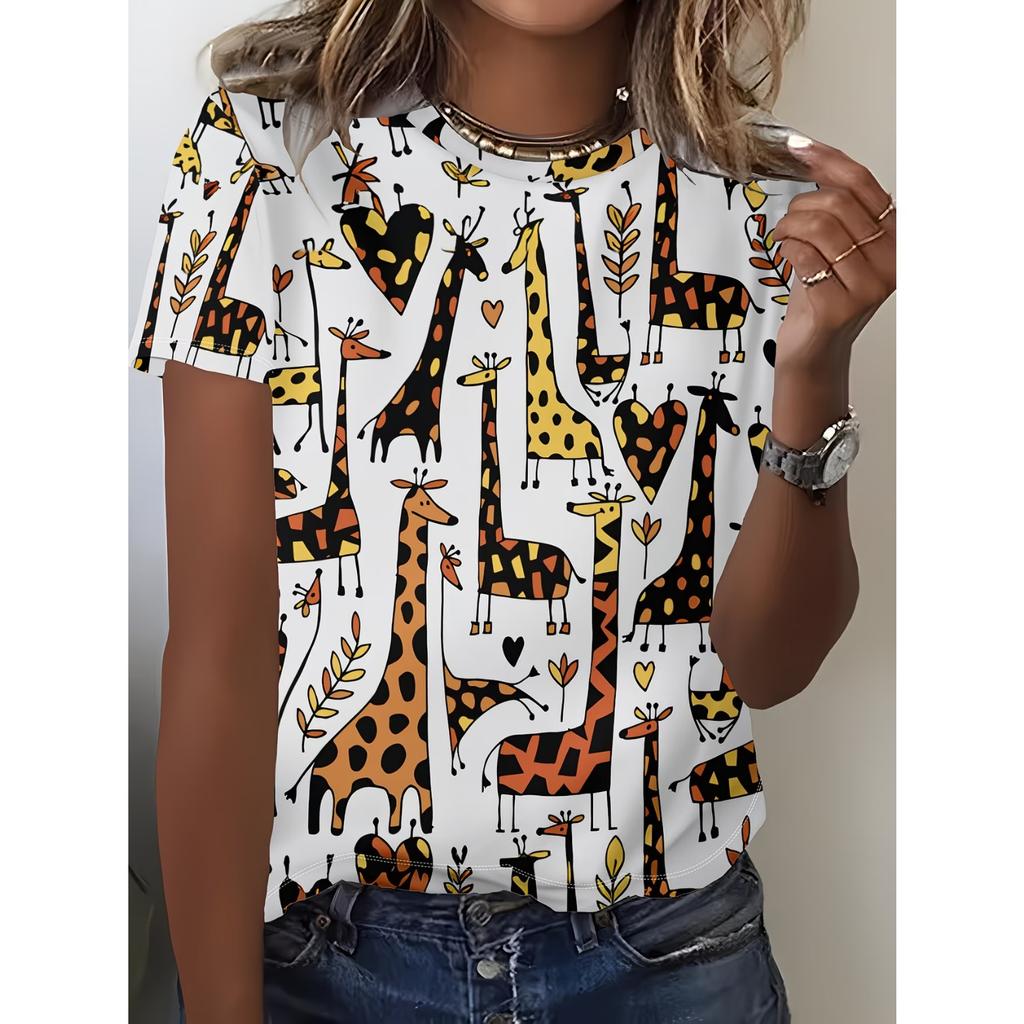 Crew Neck Short Sleeve Watercolor Giraffe Floral Print T Shirt Women's Outfits Casual Daily Wear Summer Lady Clothes