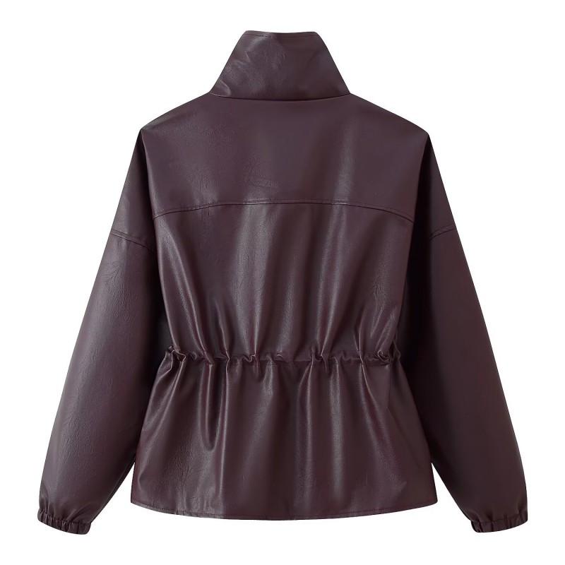 Womens Faux Leather Jacket Stand Collar Short Length Slim Waist Pockets Street Style Winter 2025