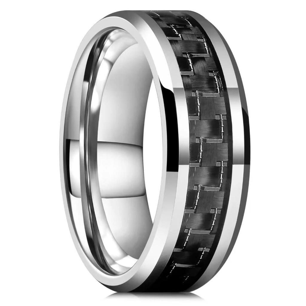 Simple 8MM Men Gold Color Stainless Steel Rings Black Carbon Fiber Matte Finish Engagement Ring For Men Wedding Band Jewelry